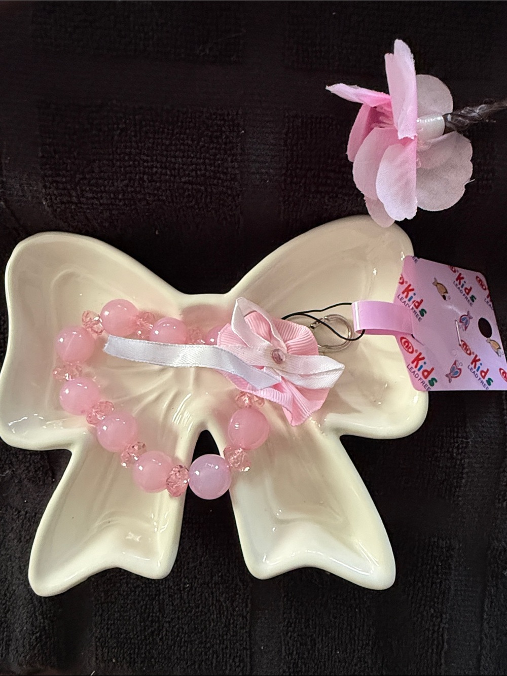 Girls Pink Beaded Bracelet with Ribbon Bow Charm